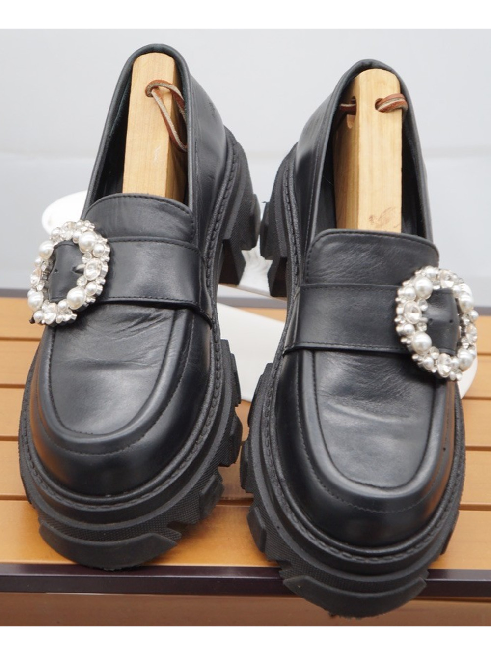 Alohas Anthropologie Trailblazer Chunky Platform Crystal Buckle LeatherLoafer 38